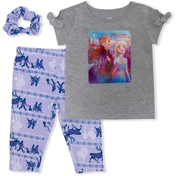 Frozen Elsa and Anna Girls 2 Piece Short Sleeve and Legging Set with Scrunchie, Toddler