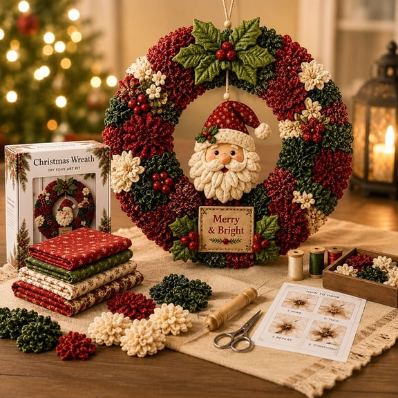 Clearance! FYHALE3D Fabric Poke Wreath DIY Kit, Christmas Wreath DIY Poke Kit for Adults, Handmade Christmas Wreath Hanging Decor Ornament for Front Door Wall Window (Santa, 12.6")