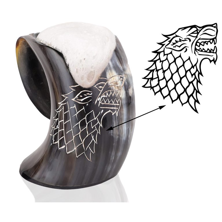 Viking Drinking Horn Set - Mug, Shot Glass & Bottle Opener, Wolf & Fencer Design, Medieval Decor