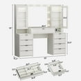 thumbnail image 2 of 55" Large Vanity Desk with Mirror & Lights, Glass Top Vanity Desk with Charging Station & Compartment Storage Drawers, Fluted Makeup Vanity Table with 9 Drawers/6 Shelves/2 Glass Cabinets, White, 2 of 9