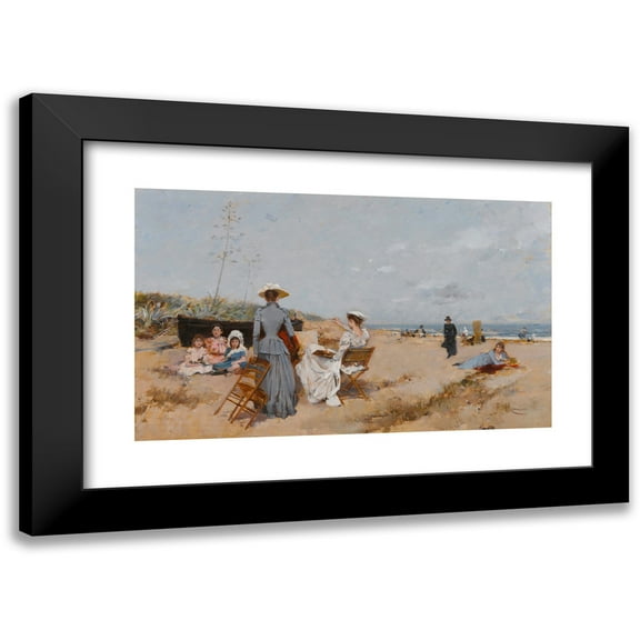 Francesc Miralles i Galaup 14x10 Black Modern Framed Museum Art Print Titled - Painting On the Beach