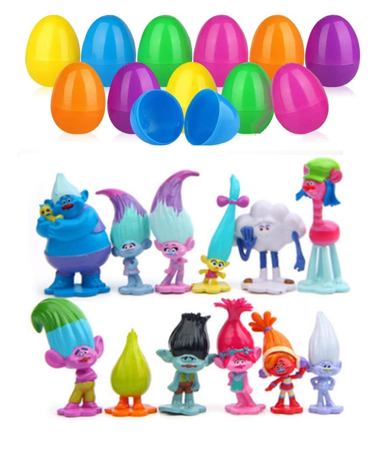 12 Jumbo Easter Egg Party Favors with Troll Figurines