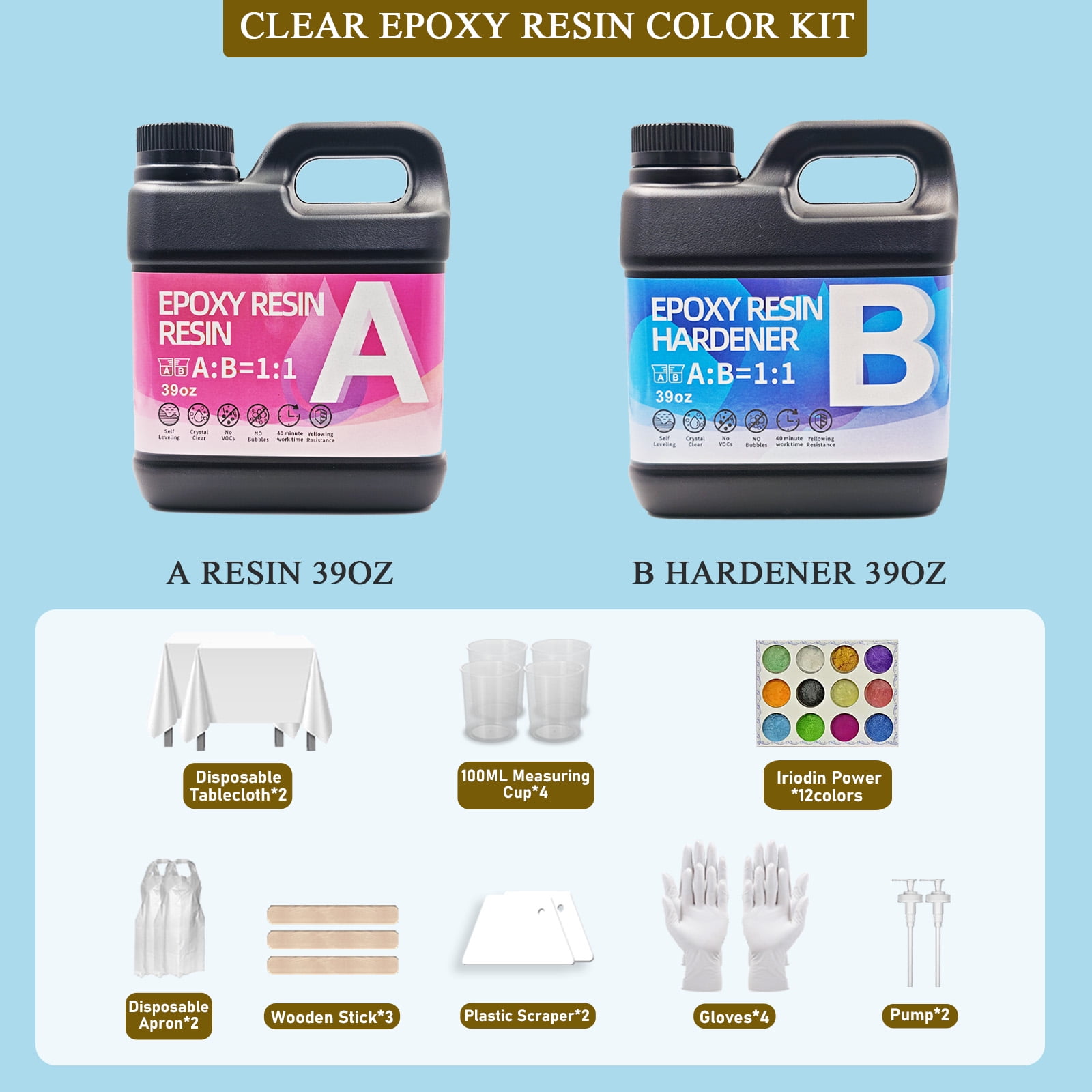 Epoxy Resin Kit 156OZ，With 12 Colors Pearlescent Crystal Clear Epoxy Resin, Strong, Bubble-Free, Anti-Yellowing Art Resin That, Suitable for Casting, DIY, Molds, Jewelry, Easy to Mix 1:1 Ratio