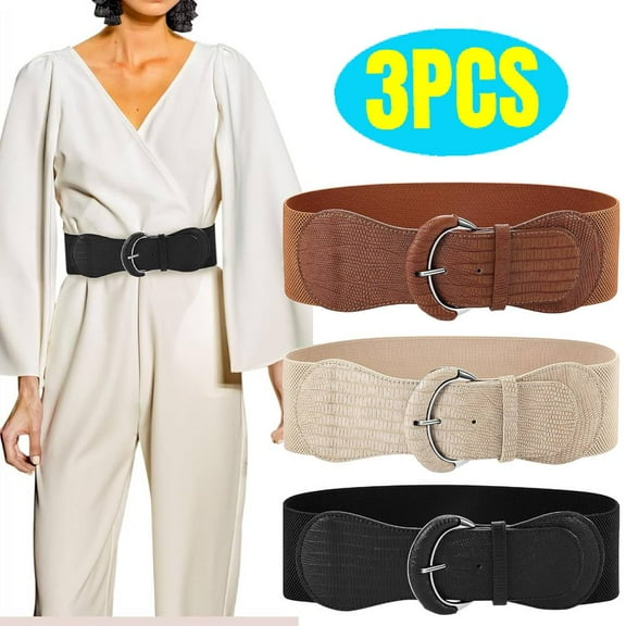 3 Pieces Women Wide Elastic Belt for Dress Women Stretchy Cinch Leather Belt for Ladies Dress Decoration(M,Black, Brown, Beige)