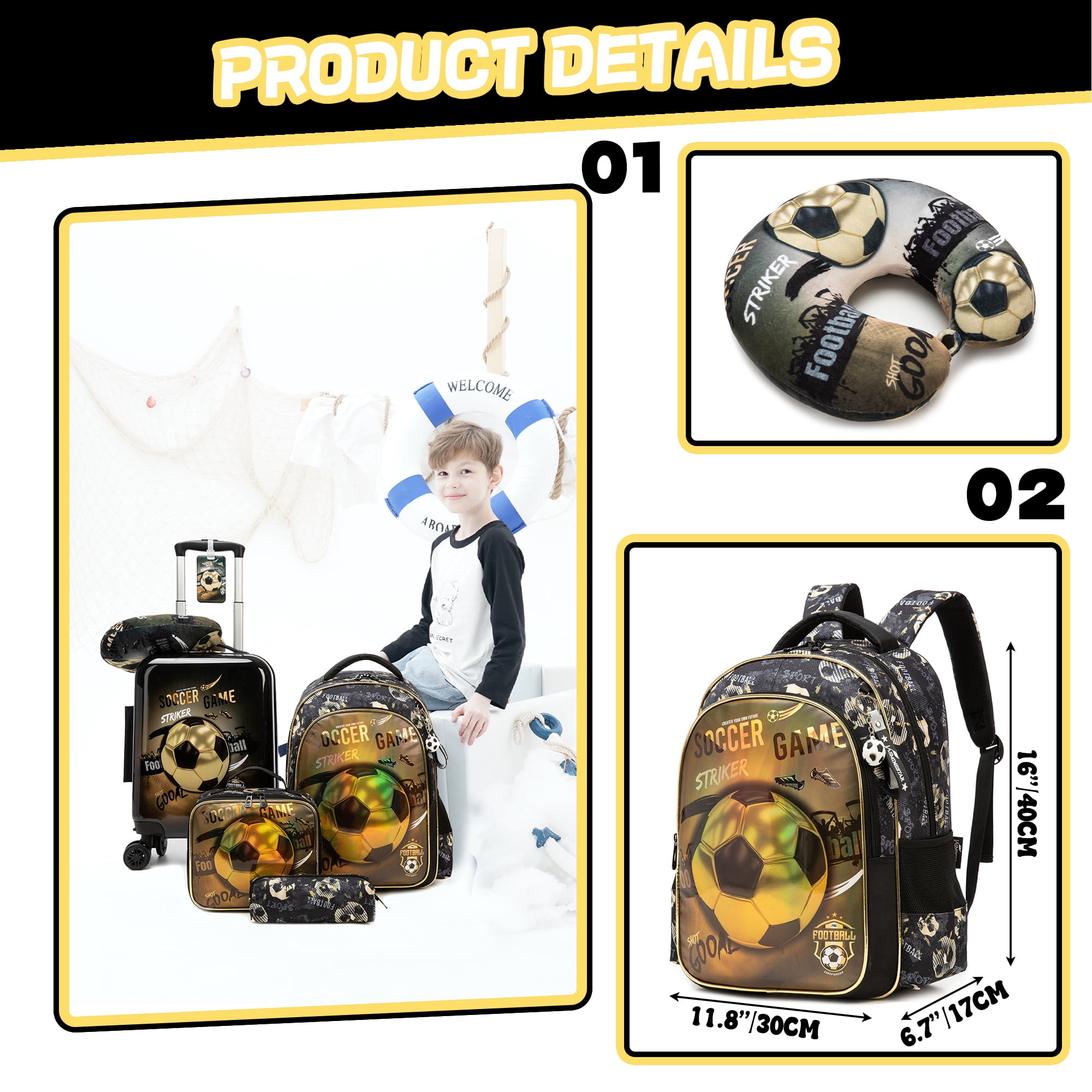 Kids Carry on Luggage Sets for Boys 5 Piece Hardshell Suitcase with Wheels with Travel Pillow School Backpack Lunch Bag 16 inch