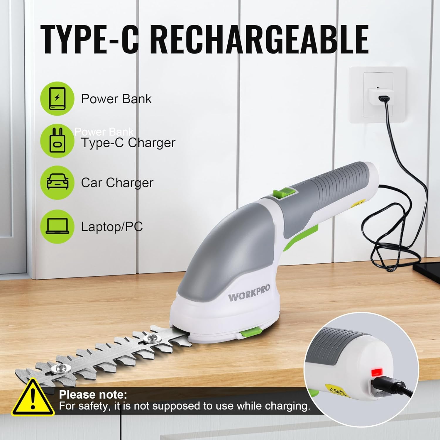 Cordless Grass Shear & Shrubbery Trimmer - 2 in 1 Handheld Hedge Trimmer Electric Grass Trimmer Hedge Shears/Grass Cutter Rechargeable Lithium-Ion Battery and Type-C Cable Included (White)