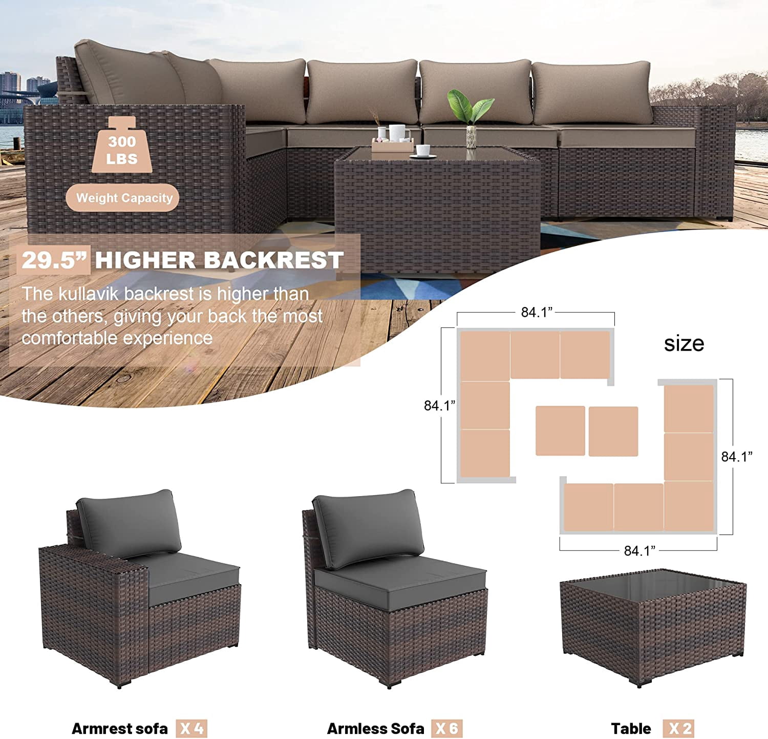 Gotland Outdoor Patio Furniture Sectional Conversation Set 12Pcs Rattan Wicker 10 Cushion Table Sand