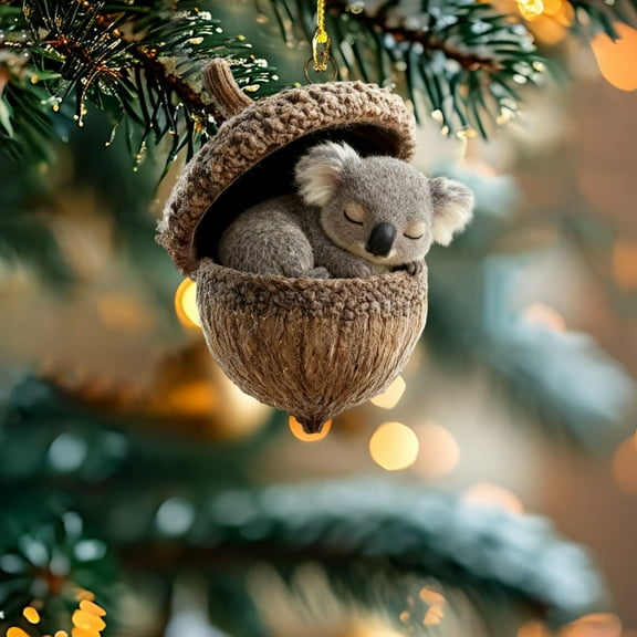 HCBY Sleeping Forest Animals in Acorn Christmas Ornament, Acrylic Hanging Pendant, Unique Animal Theme Tree Decor, Holiday Gift for Nature Lovers(J,3.1")