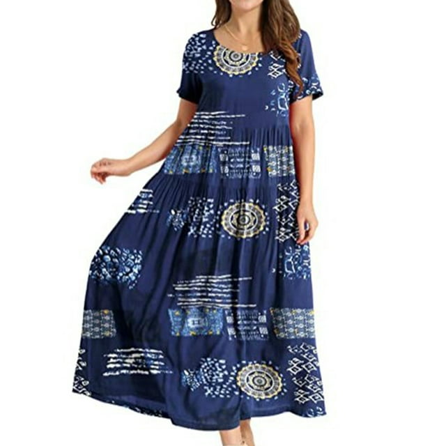 Bellella Robe Maxi pour Femmes à Col Rond, Longue Robe, Robe d'Été à Imprimé Floral, Aguichant, Manches Courtes, Vacances, Couleur de l'Image 8 S