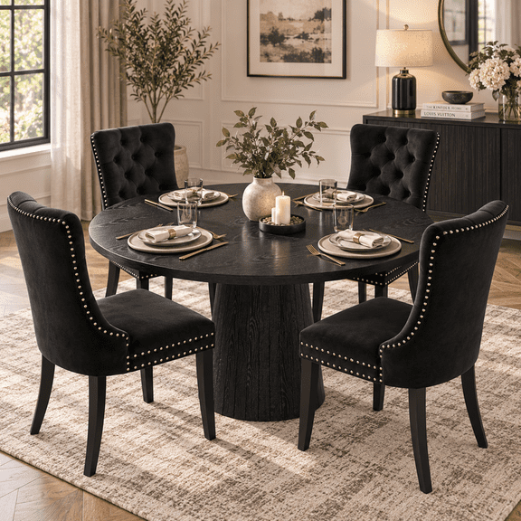 Round Farmhouse Dining Table Set for 4, 47" Circle Black Wooden Kitchen Table with 4 Velvet Upholstered Dining Chairs, Wooden Table Set for Dinner Table for Kitchen and Dining Room