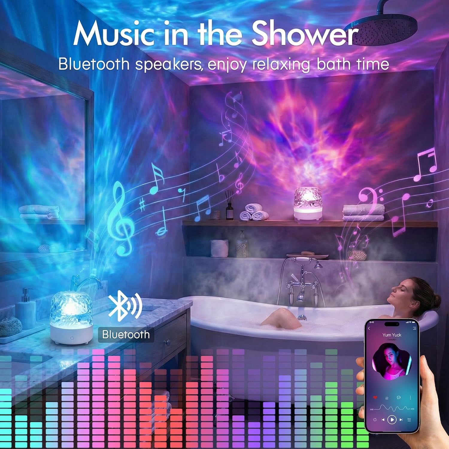 Waterproof Shower Light with Bluetooth Speaker, 16 Colors Changeable Shower Lamp for Inside Shower, Dimmable Ocean Wave Projector Light with Remote, LED Night Light Lamp for Bathroom, Bedroom Decor