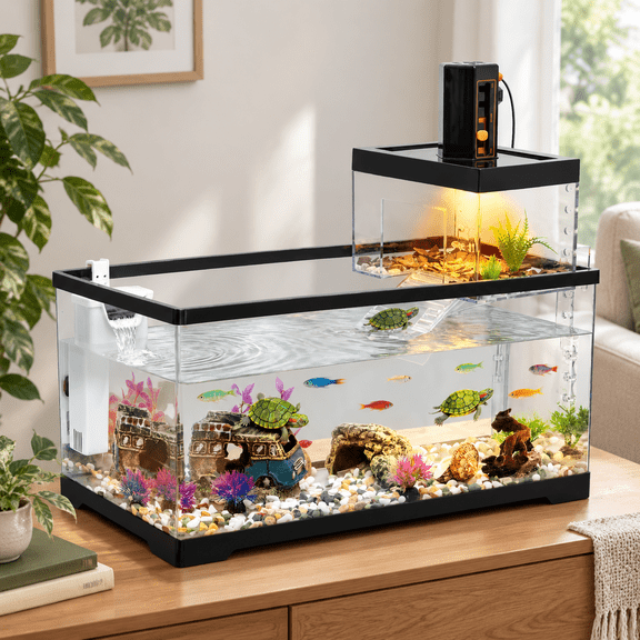 Black Large(19.7*9.5*9.5inch) 7.7 Gal Turtle Tank Starter Kit with Basking Platform