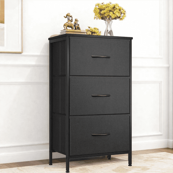 ROSVOVO Nightstand with 3 Storage Drawers, 26" Height End Table Small Bed Side Furniture, Wooden Top Fabric Cabinet Kids Night Stand Mini Dresser for Bedroom, Closet, Entryway, College Dorm