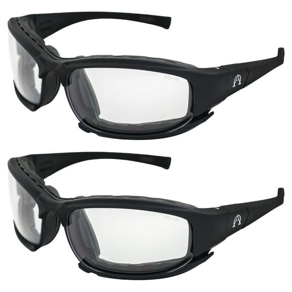 Alpha Omega 3 Motorcycle Sunglasses Foam Padded Riding Safety Glasses Z87.1 Convertible to Goggles for Men or Women 2 Pair Black Frame w/Clear & Photochromic Clear to Smoke Lenses