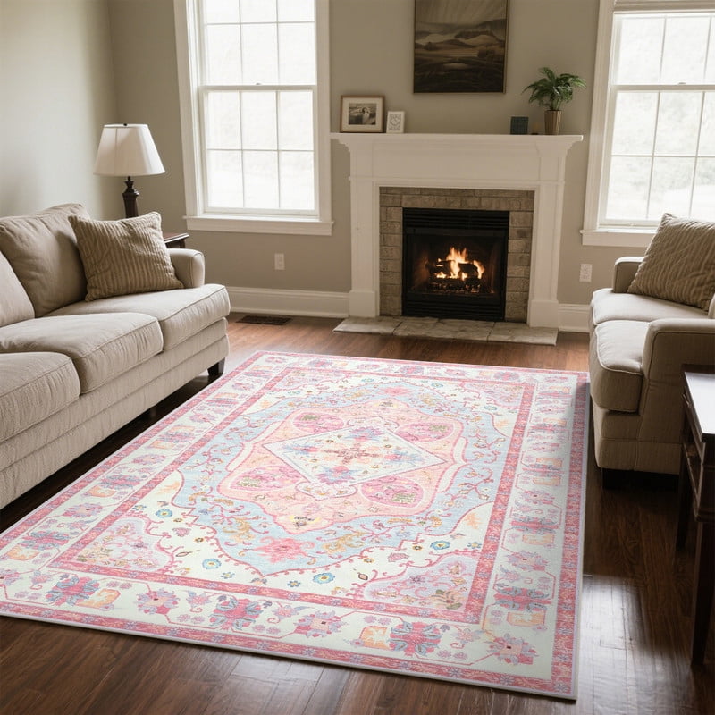 FULIE Bohemian Area Rug 4'x6'Rug Machine Washable for Living Room/Dining Room/Bedroom,Pink