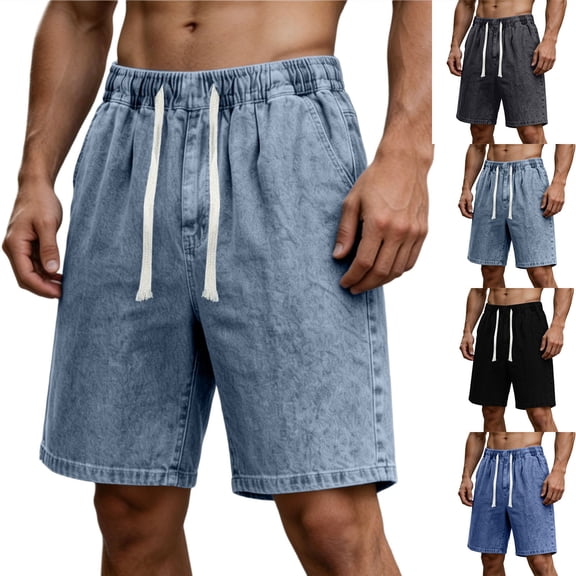 Zynoxe Mens Denim Shorts Casual Elastic Waist Drawstring Straight Jean Shorts Summer Outdoor Relaxed Fit Streetwear Hiking Shorts with Pockets Light Blue S