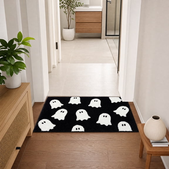 Yomiee Ghost Bathroom Mat Black Halloween Bath Rug 24 x 16 Inch Cute Non Slip Spooky Ghost Bathroom Decoration PMicrofiber Rug Halloween Decor for Home Bedroom Shower Floor