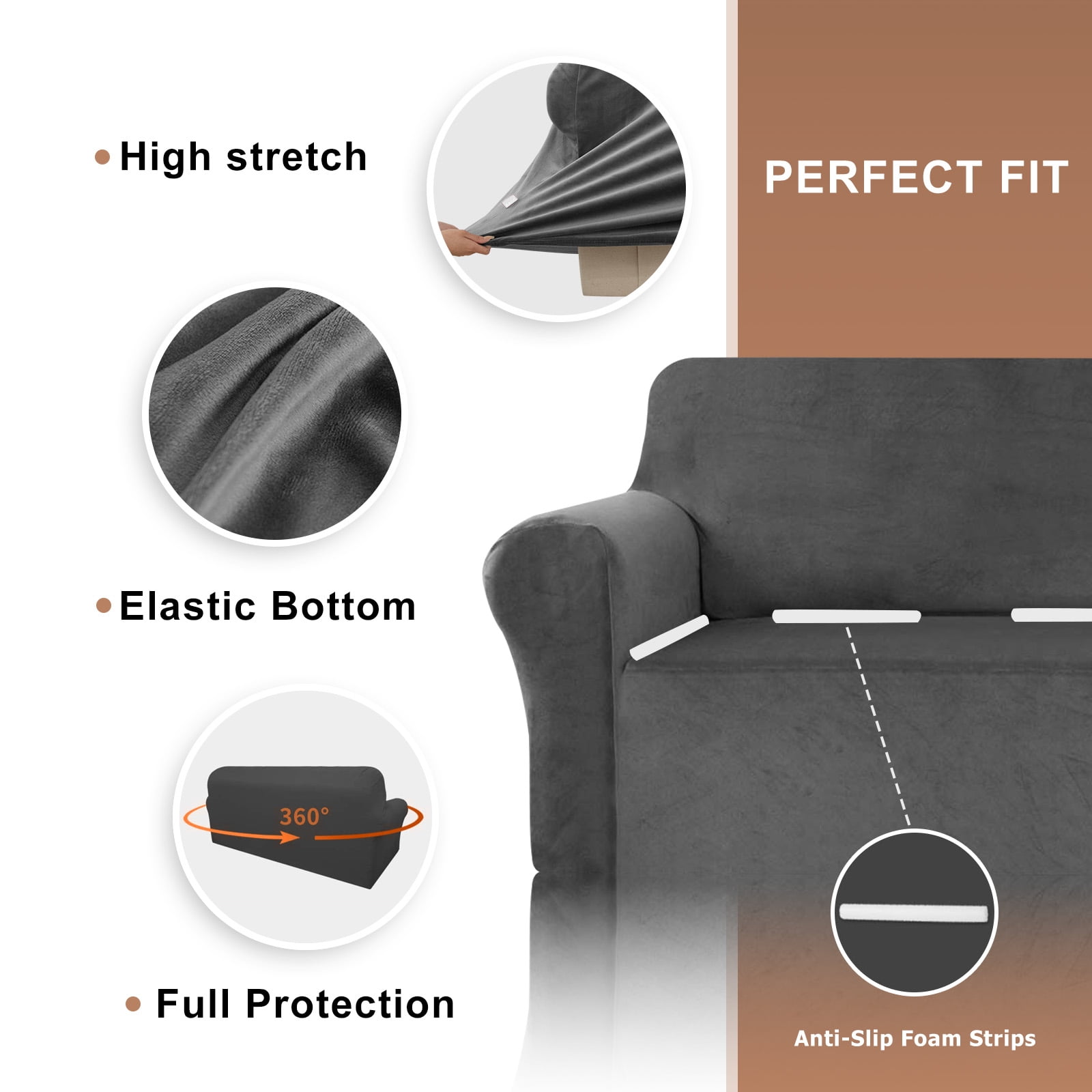 SANMADROLA Sofa Covers 100% Waterproof Slipcover Velvet Stretch Couch Cover for 3 Cushion Sofa Non Slip Leakproof Washable Furniture Protector for Kids Dogs Cats Pets, Gray, Sofa