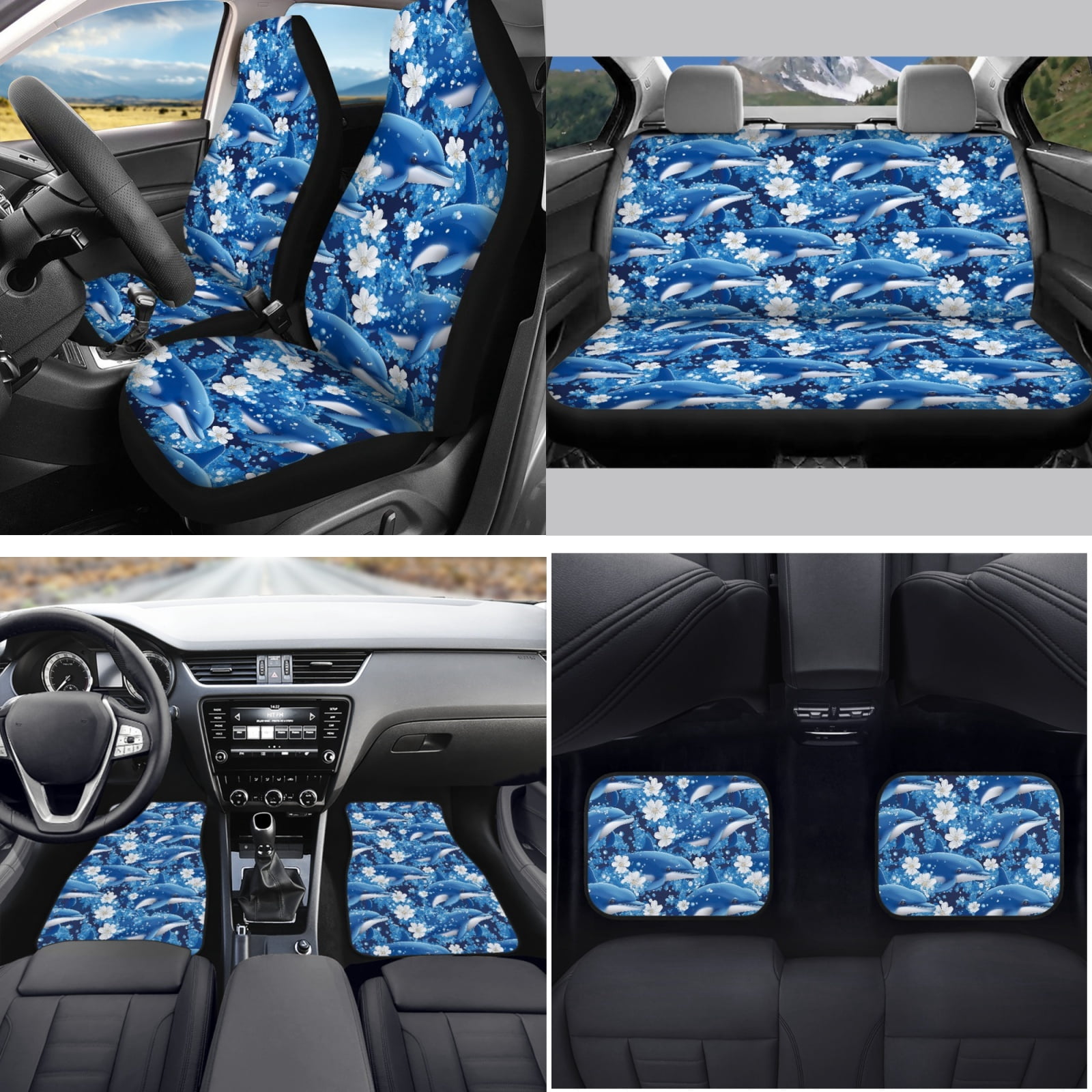 Yuyamidu Blue Dolphin Car Seat Cover Set with Floor Mats Flower Steering Wheel Cover Seat Belt Cushion Pad Auto Handbrake Cover Set Car Coasters, 15 Piece