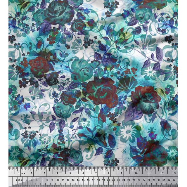Soimoi Tissu Crêpe Polyester Imprimé Feuilles & Roses au Mètre 52 Pouces de Large