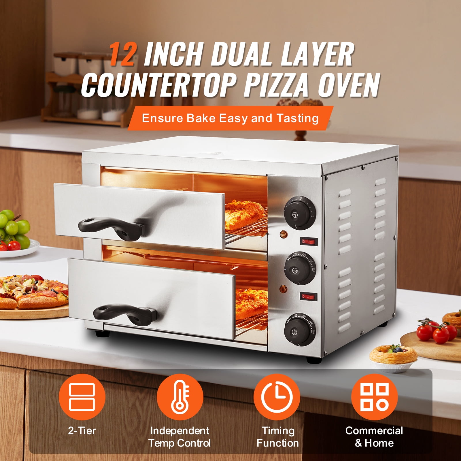 KFFKFF Countertop Electric Pizza Oven, 12-inch, 1700W, Features Temperature Adjustment & 0-120 Minute Timer, Equipped with Uniform Baking Technology & Simple-to-Clean Crumb Tray