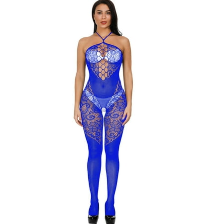 

Pxiakgy lingerie for women Women Halter Lingerie Fishnet Bodystocking Underwear Nightwear Chemises Bodysuits Garter Blue + One size