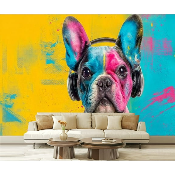 Peel and Stick Wallpaper Cool Colorful Graffiti Dog Funny Animal Art French Bulldog Headphones Modern Art Wall Mural Decor Self Adhesive and Removable 69in x 98in