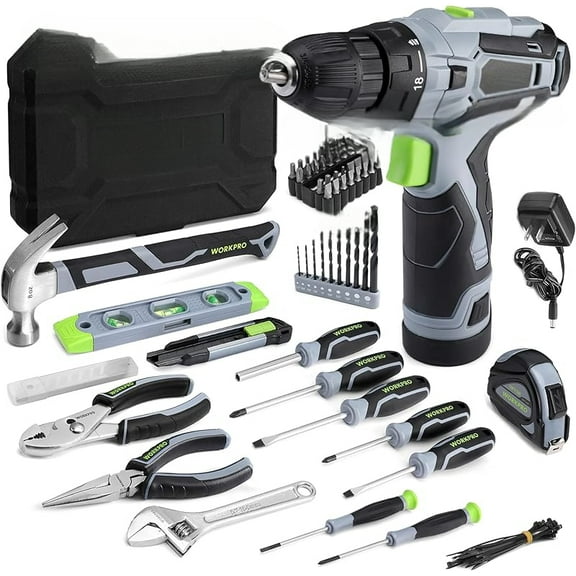 Home Tool Kit with Power Drill, 108PCS Power Home Tool Set with 12V 1.5 Ah Battery Powered Screwdriver and Tool Box, Electric Cordless Drill Set with Keyless Chuck and Variable Speed Trigger