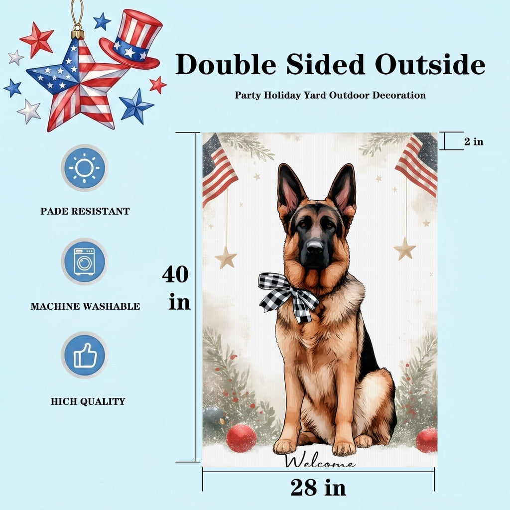 250 garden flag a german shepherd dog sitting in front of a christmas tree Welcome july fourth 28x40 Inch Vertical Banner americana home decor
