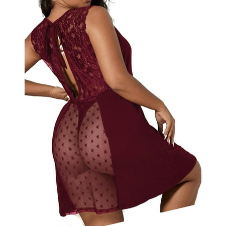 

Sexy Round Neck Slip Dress Sleeveless Burgundy Plus Size Nightgowns & Sleepshirts (Women s)