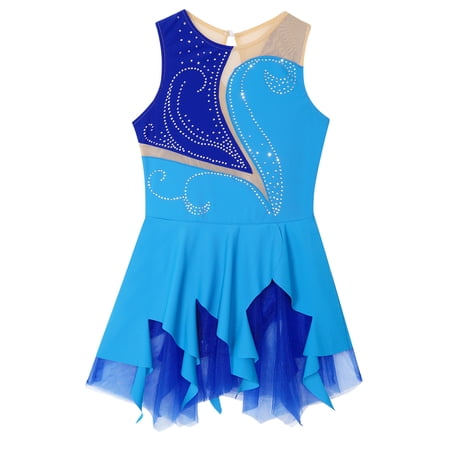 renvena Kids Girls Figure Ice Skating Dress Rhinestone Irregular Mesh Hem Gymnastic Tutu Dancewear Size 6-16 Blue 8
