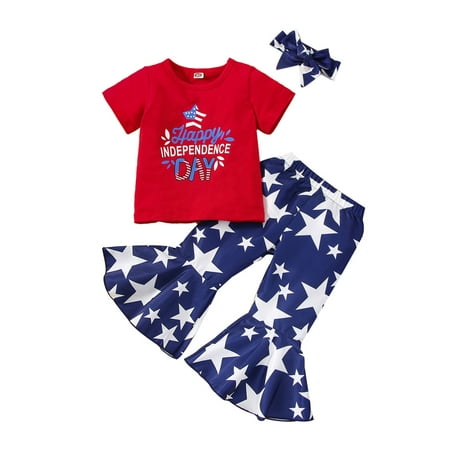 

xkwyshop 3Pcs Toddler Baby Girls Independence Day Outfits Letter Print Short Sleeve T-shirt+Stars Flare Pants Sets Red 3-4 Years