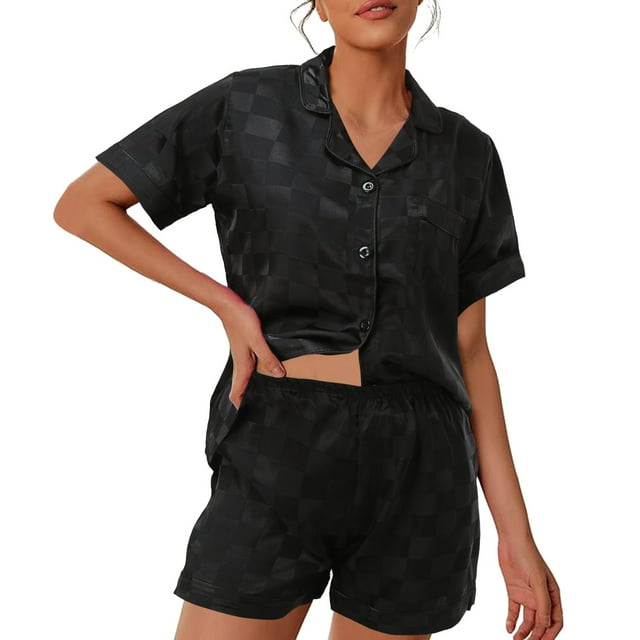 B91xZ Pyjamas pour Femmes Ensemble de Pyjama à Manches Courtes et Shorts Doux Deux Pièces Boutonné, Noir TG