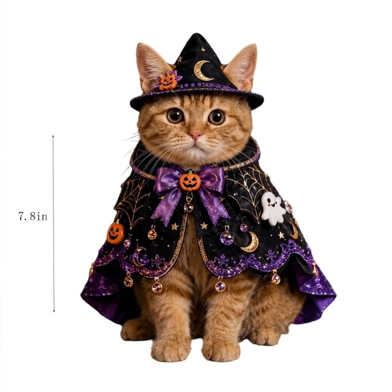 HWRETIE Halloween Cat Witch Costume Cloak Funny Pet Cape Holiday Outfit for Cats Soft Dress Up Apparel for Halloween Party Cosplay Photography