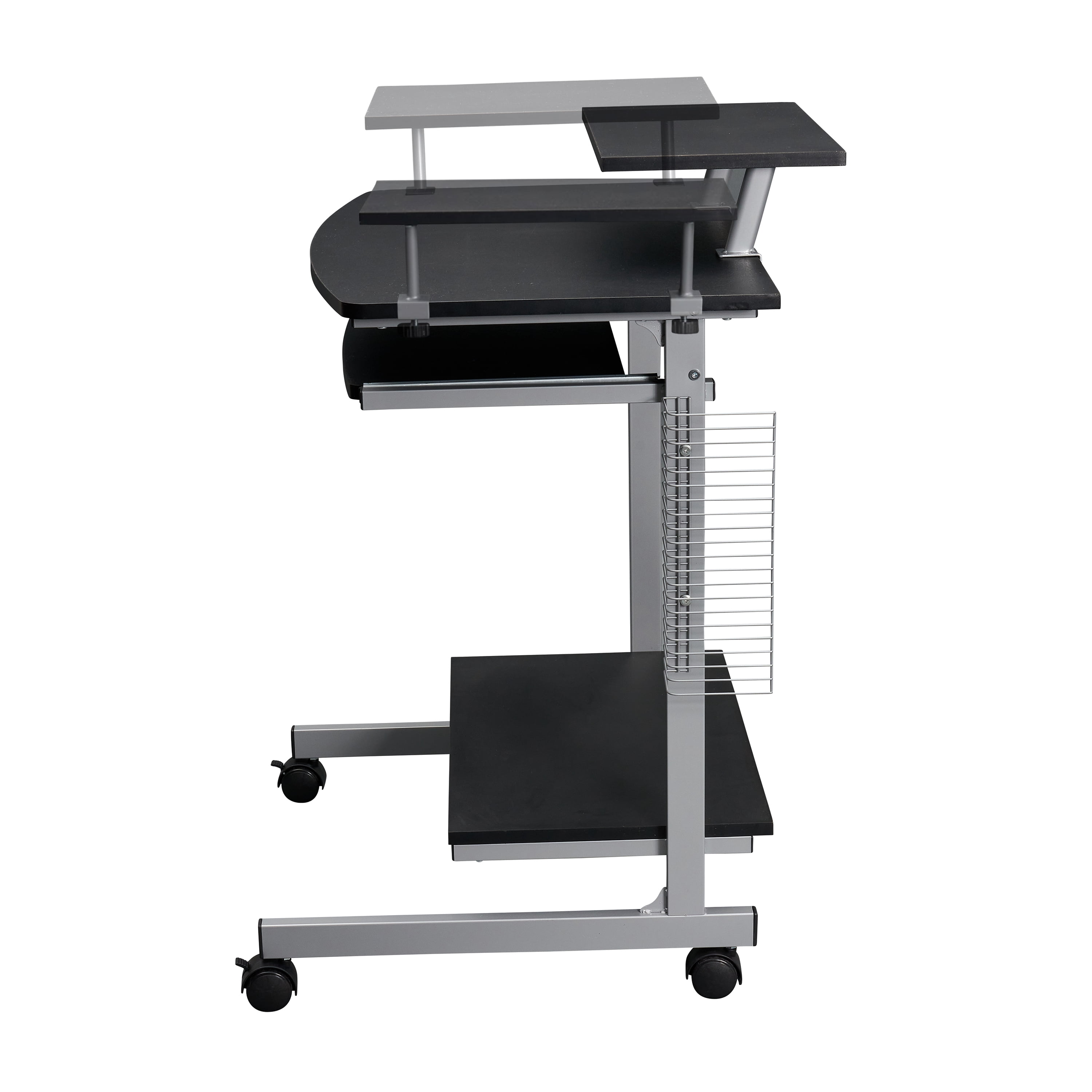 Compact Computer Cart with Multi Storage Shelves, Adjustable Side Shelf Slide-Out Keyboard Tray Lockable Casters Moisture Resistant Particle Board PC Workstation Cart