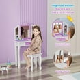 thumbnail image 5 of JOYMOR Kids Vanity Set, Wooden Princess Makeup Table with Stool, Tri-Fold Mirror, Large Drawer & Solid Wood Legs, Pretend Play Dresser Gift for Girls (Purple), 5 of 8