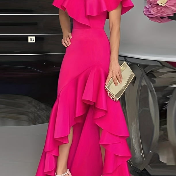 Vestido Con Dobladillo Con Volantes Y Hombros Descubiertos, Elegante Vestido Con Dobladillo Asimétrico Hasta El Suelo Para Fiesta, Ropa De Mujer