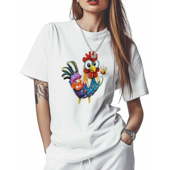 T Shirts for Women Short Sleeve Cotton Crewneck T-Shirt, Cartoon Color Rooster Daisy Tee Tops Casual Basic T-Shirts, XS-5XL White S