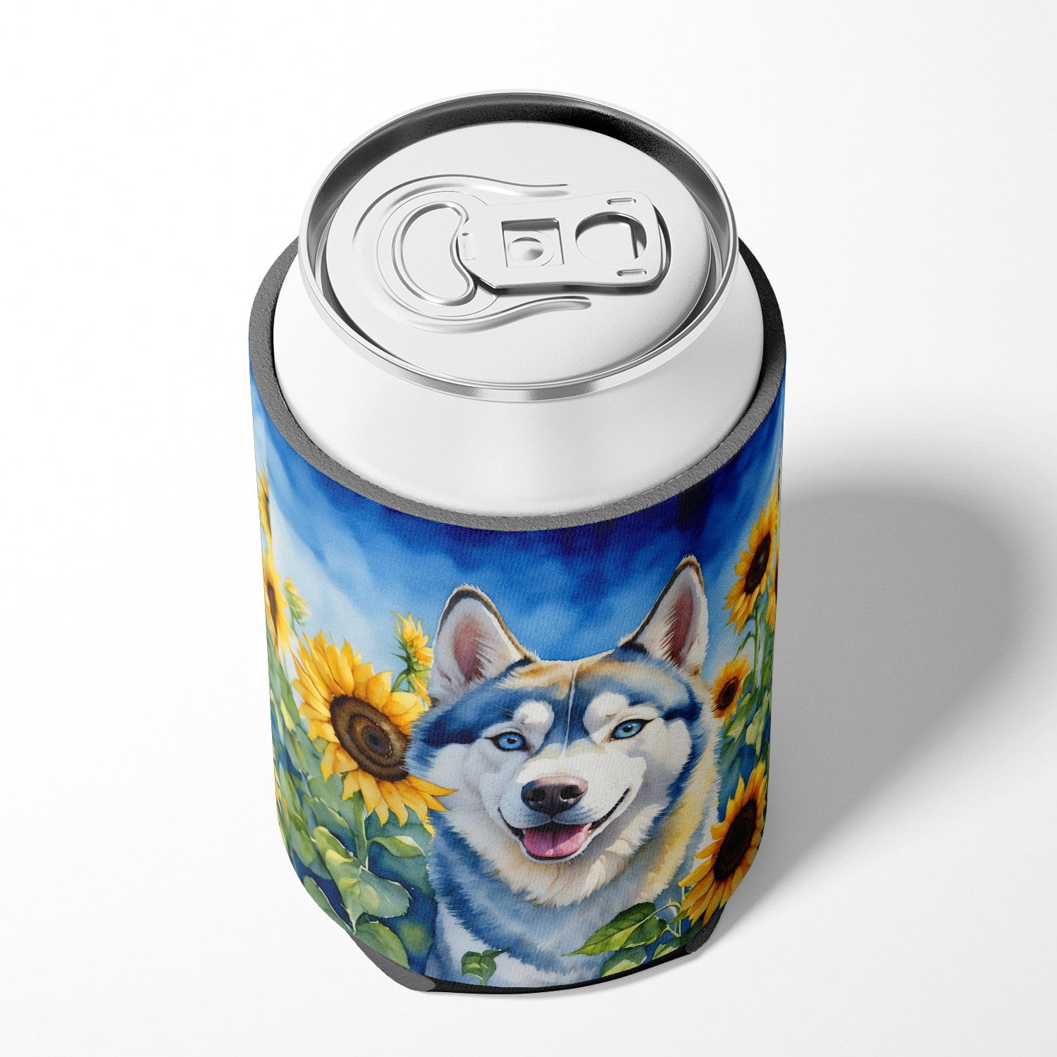 Siberian Husky in Sunflowers Can or Bottle Hugger 3 in x 5 in