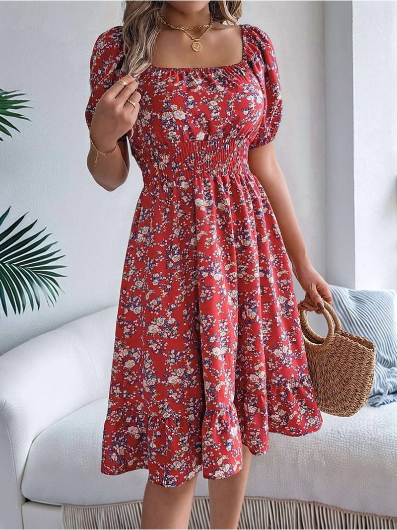 Jaimenalin Women Off Shoulder Dress Floral Puff Sleeve Knee-Length A-Line Square-Neck Dresses Red L, Women's, Size: Large