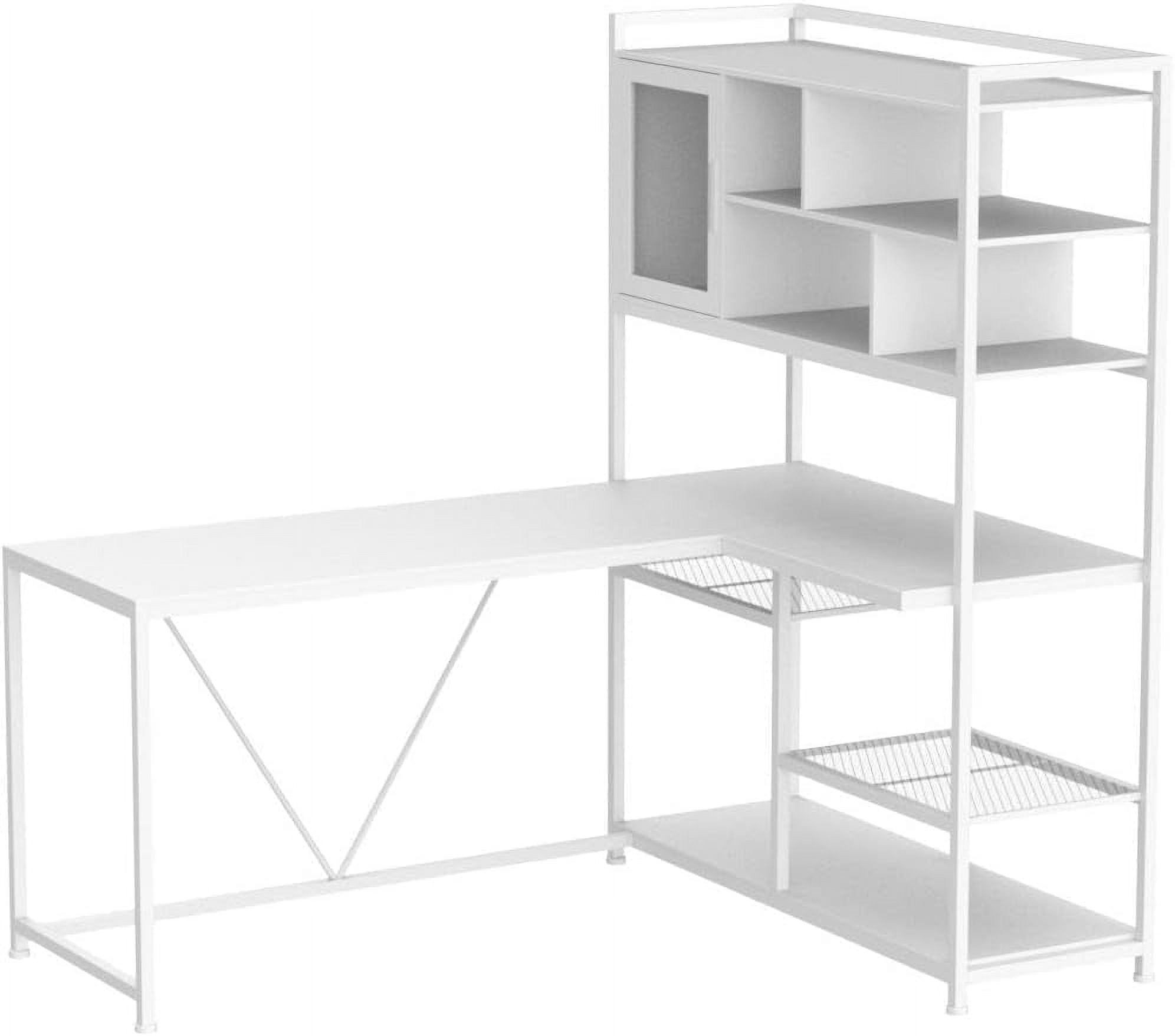 L-Shaped Computer Desk with LED Lights & Hutch, Corner Gaming Desk with 7-Tier Storage Shelves for Bedroom, Save Space, White