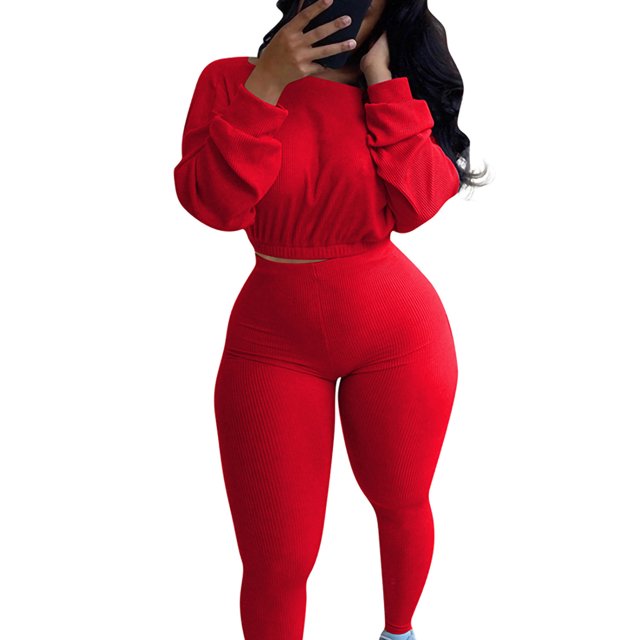 MAWCLOS Women Cropped Long Sleeve Jogger Set Running Slim Leg Two Piece Outfit Red XL