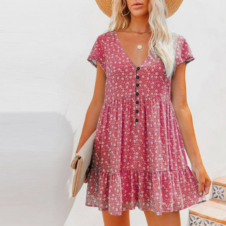 Huresd Women s Mini Button Up Dress Tiered V Neck Plus Size Swing Dress Short Sleeve Floral Print Going Out Beach Womens Summer Dresses Red 2XL Walmart