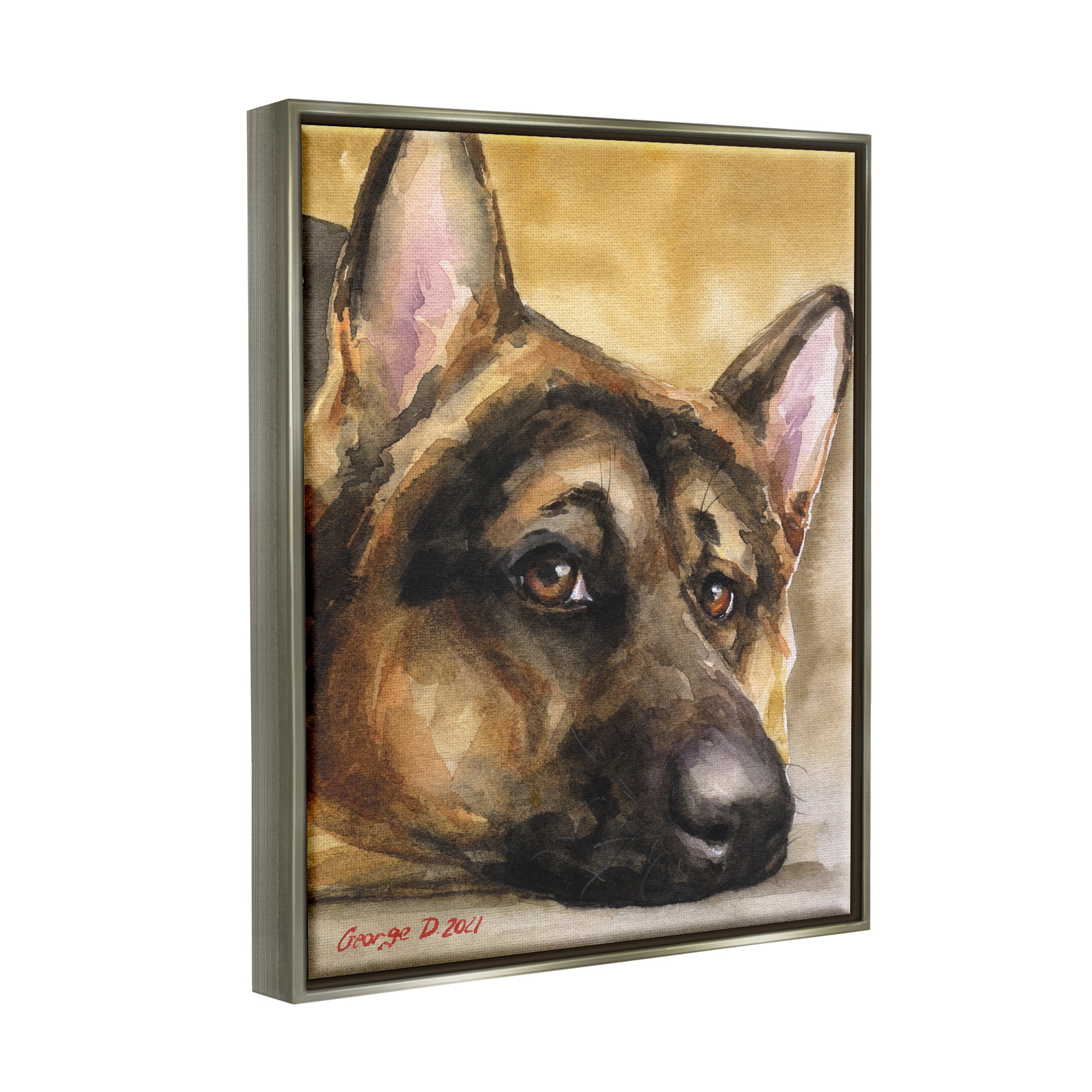 Stupell Industries German Shepherd Dog Sympathetic Gazing Animal Portrait Painting Luster Gray Floating Framed Canvas Print Wall Art, Design by George Dyachenko