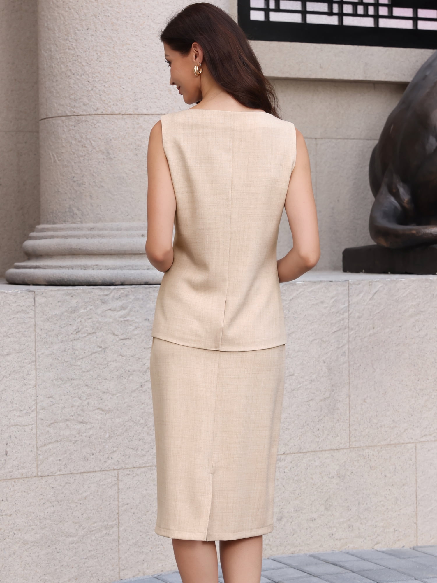 DARING DIVA 2Pcs Women's Linen Button Down Vest Pencil Skirt Suit Set XL Beige