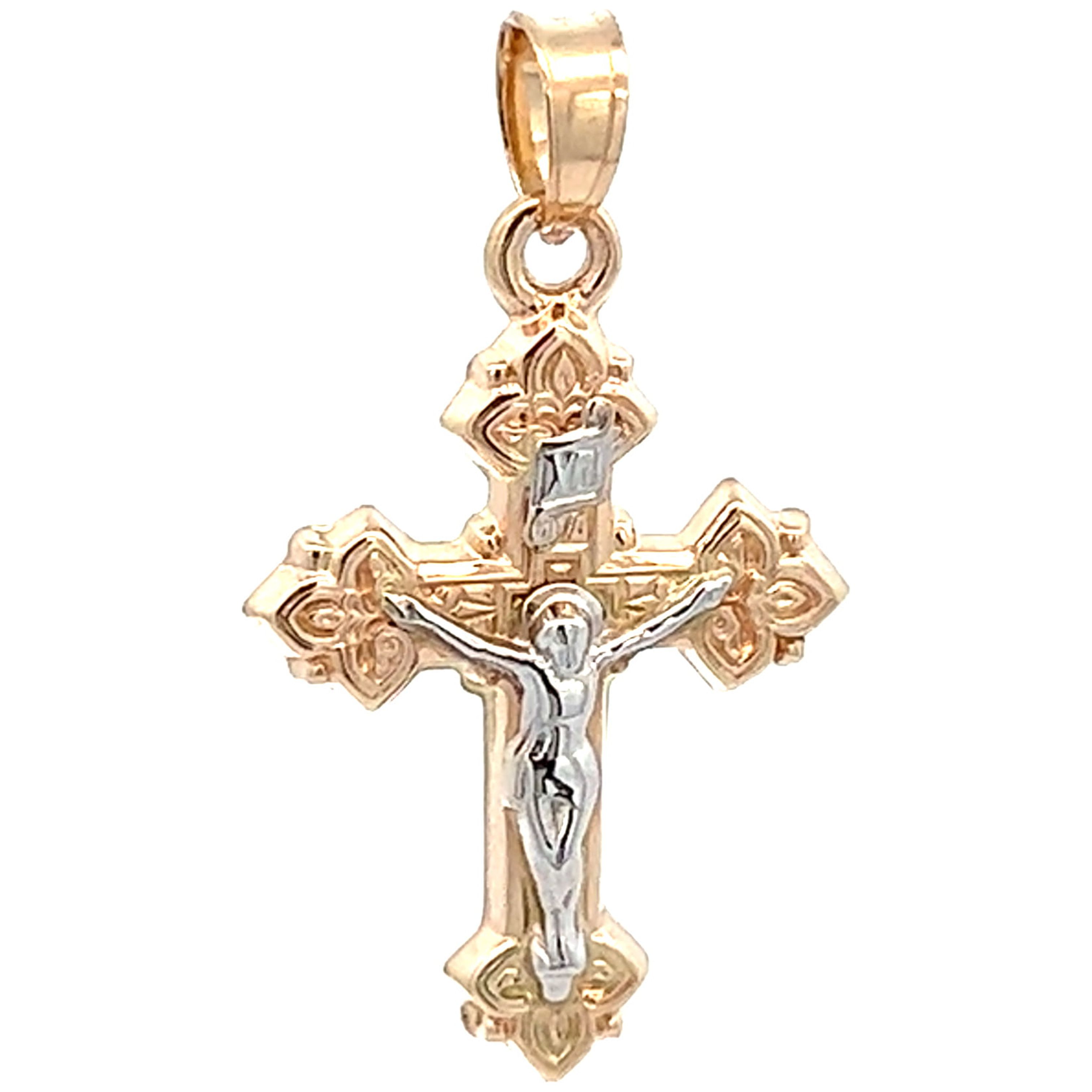 Brilliance Fine Jewelry 14 KT Two Tone Gold Scalloped Unisex Crucifix Religious Pendant