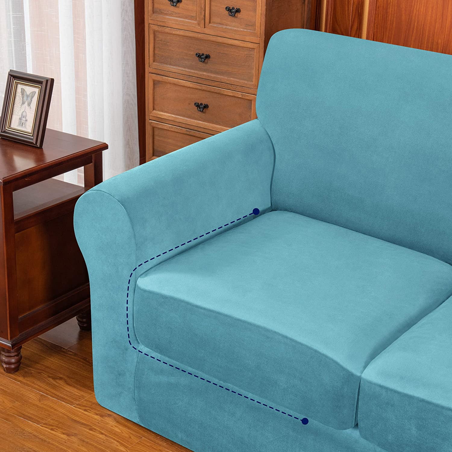 Subrtex 4-Piece Velvet High Stretch Sofa Cover Slipcover, Separate Cushion Covers(Blue, Sofa)
