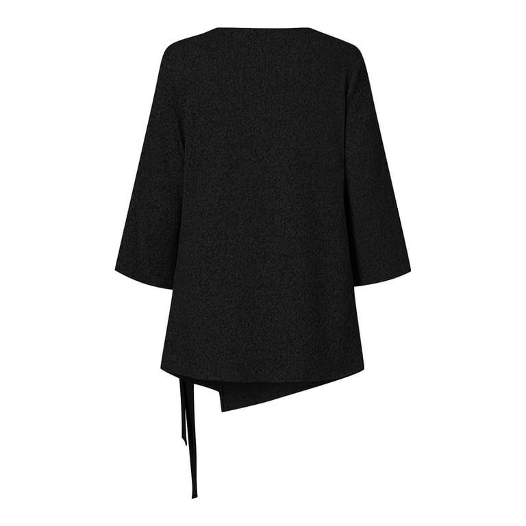 Sksloeg Womens Tops Trendy 3/4 Sleeve Top Blouse Tie Knot Side Asymmetric  Tunic Black Solid Crew Neck Belted Shirts,Black M