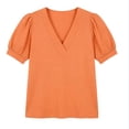 thumbnail image 4 of Ayolanni Solid Womens T Shirts Patchwork V-Neck Collarless Short Sleeve Blouse Dressy Workout Plus Size Puff Tees Women's Tops, Tees & Blouses Orange XL, 4 of 7