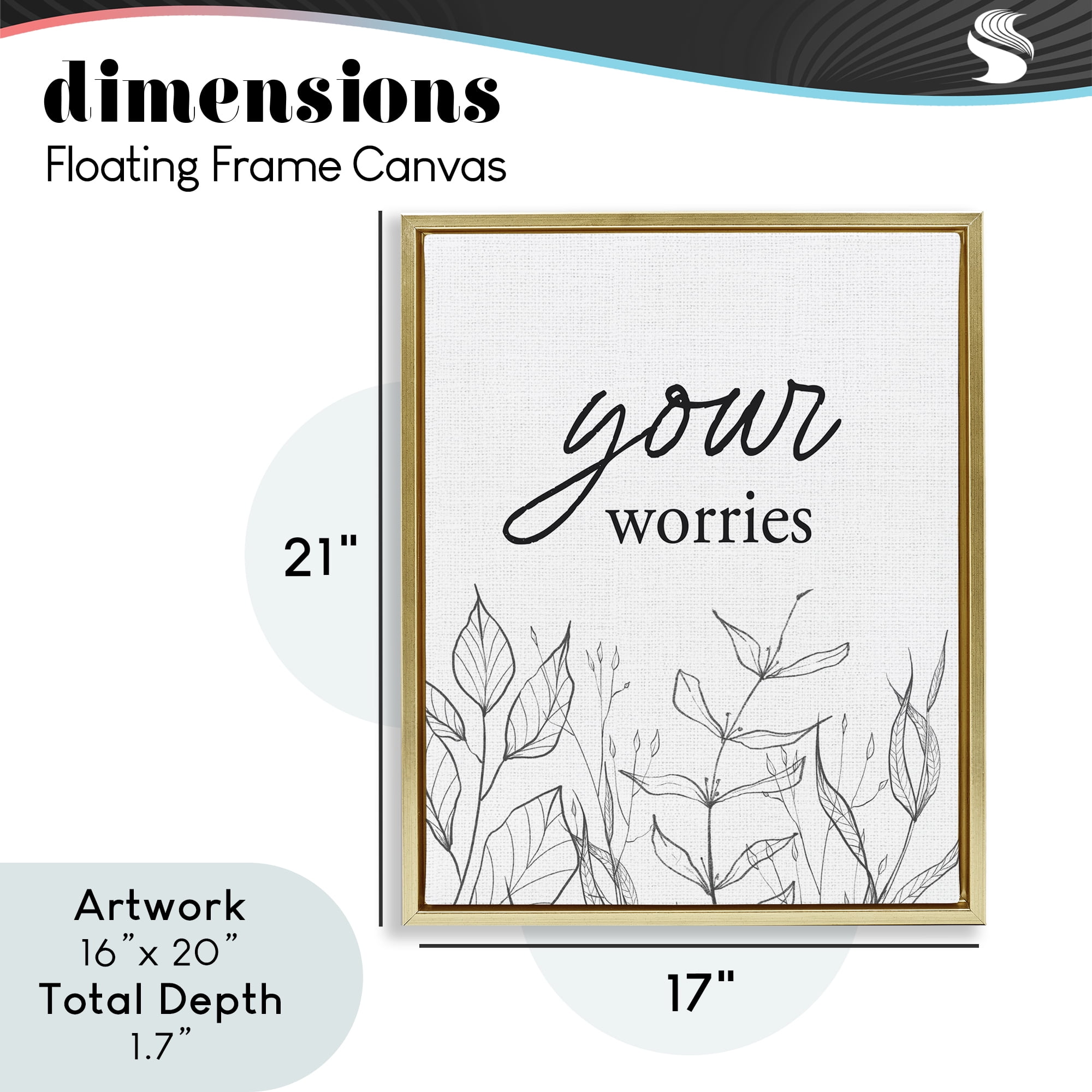 Your Worries Minimalist Leaves Gold Framed Floater Canvas Wall Art, design by Lettered and Lined